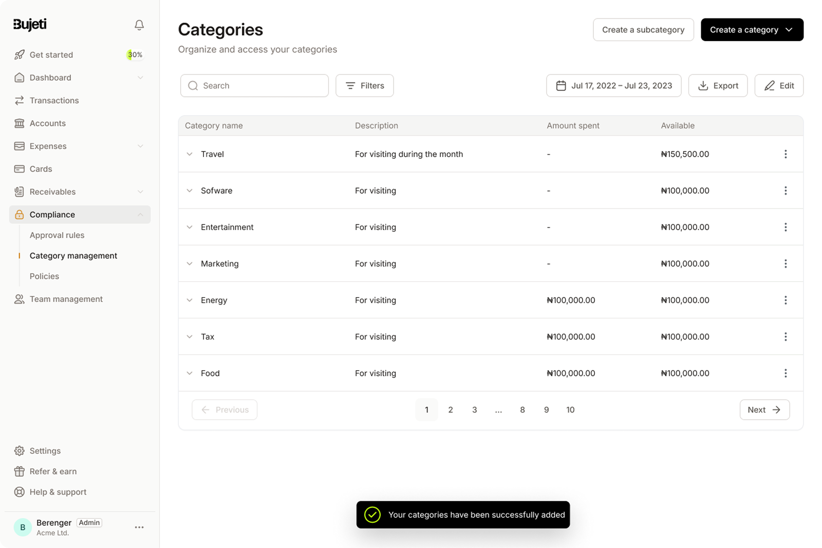 Creating multiple categories - categories list with success